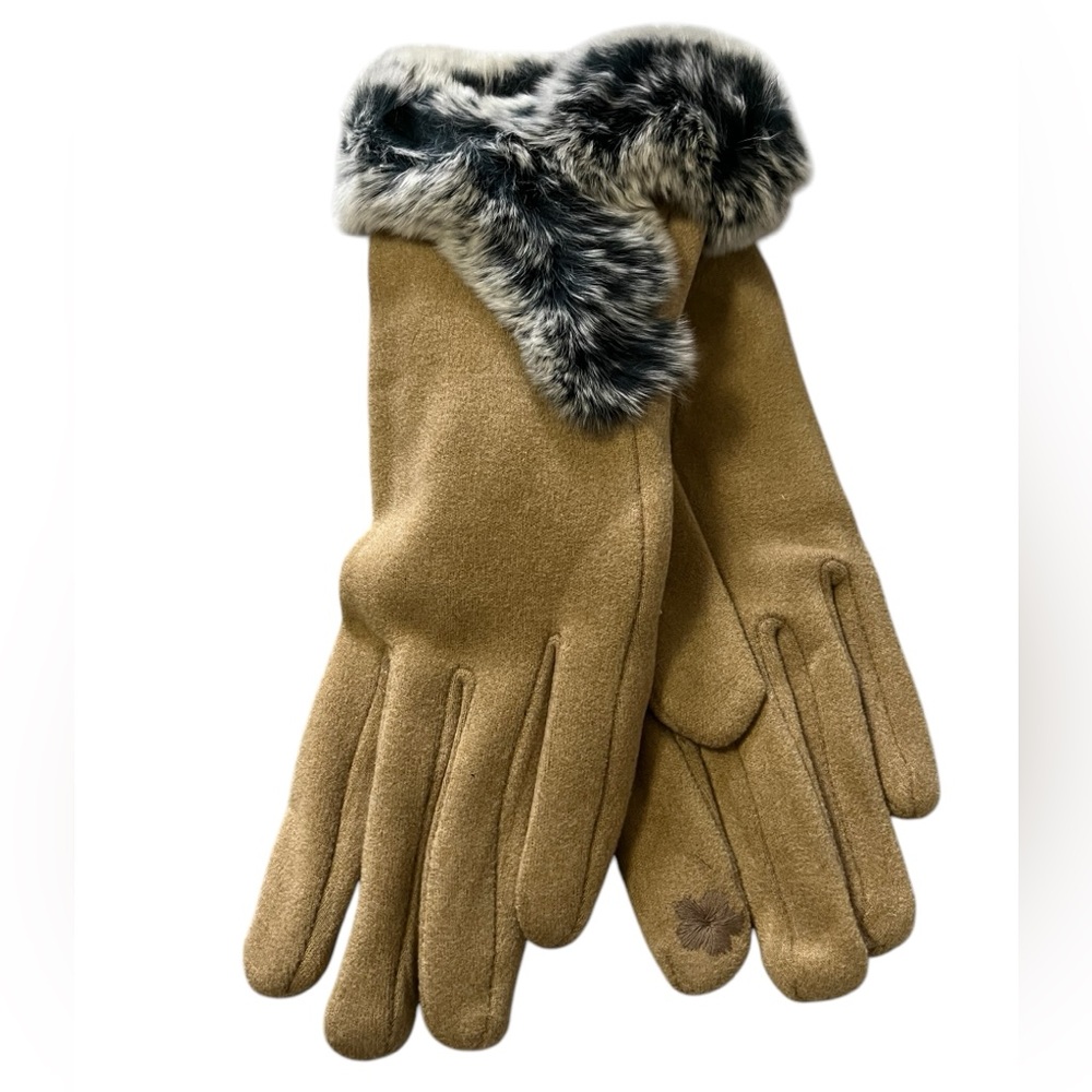 CAMEL FUR TRIMMED GLOVES NWT PHONE USE CAPABLE FINGER TIP